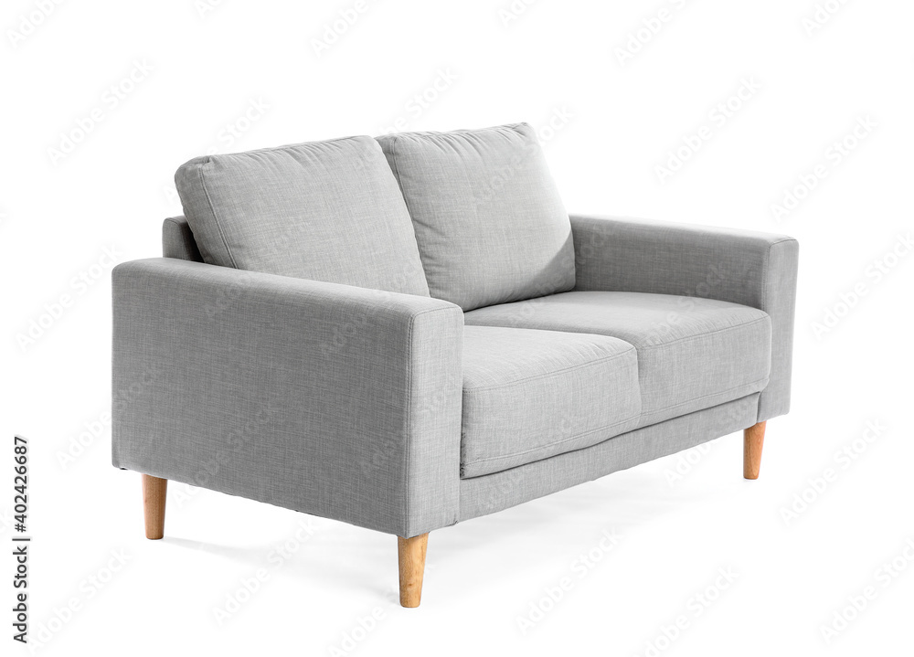 Stylish cozy sofa on white background