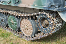 Military Tank Track System (tank Tread, Continuous Track, Chain Track) With Road Wheels In A Row And Drive Sprocket