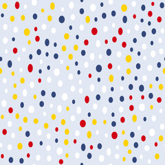 Wall Mural - Simple irregular dot seamless pattern, white, yellow, red, blue dots on light grey. Design for fabric, wallpaper, gift wrap web backgrounds scrap booking patchwork. Vector illustration