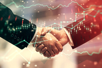 Double exposure of forex graph hologram and handshake of two men. Stock market concept.