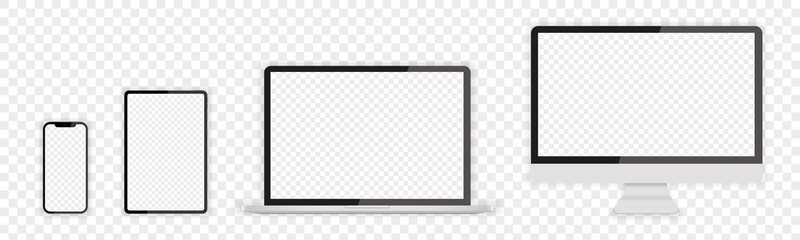 Modern Devices with transparent screen template. Realistic vector illustrations of smartphone, tablet, desktop and laptop. For use in mockups.