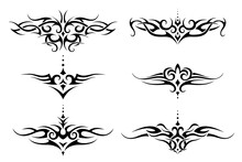 Set Of Tribal Tattoo For Lower Back, Shoulder Or Chest. Vector Frame Border Pattern Ornament Decor Collection.