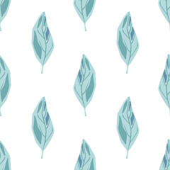 Isolated seamless doodle pattern with simple blue leaf shapes. White background. Botany print.