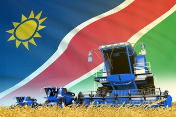 industrial 3D illustration of blue rural agricultural combine harvester on field with Namibia flag background, food industry concept