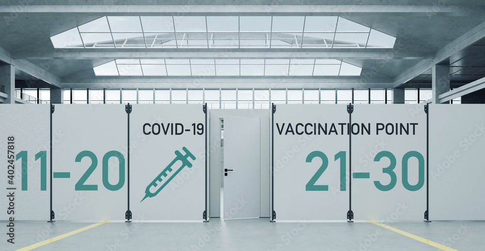Covid-19 Impfzentrum gegen Coronavirus in Messehalle - obrazy, fototapety, plakaty 
