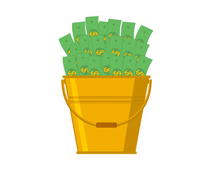 Wall Mural - Golden bucket of money. Vector illustration with paper dollars in a bucket. Icon on a white background.