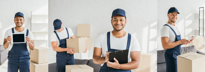 collage of happy indian worker holding clipboard and digital tablet with blank screen near coworker on blurred background