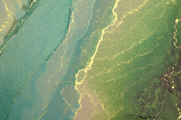 Wall Mural - abstract blue, green and gold glitter color horizontal background. marble texture. alcohol ink color