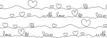 One Line Hearts And Lettering Text, Love. Single Line Drawing. Minimalism Design. Seamless Pattern