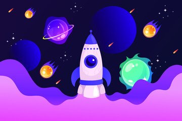 Wall Mural - spaceship and solar system. colorful planets, rocket, galaxy and universe. space cartoon childrens p