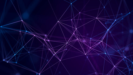 Fototapete - Abstract background with interweaving of colored lines and dots. Network connection structure. Data exchange. 3D