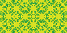 Green Floral Ornament On A Yellow Background. Seamless Wallpaper Texture.