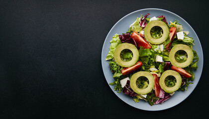 Wall Mural - Mix salad with tomatoes, feta, lettuce, spinach. Top view with text space