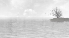 Black And White Lake Scene Inspiration 4K Loop Features A Lake In Grayscale With Fog, A Tree Silhouette, And Birds Flying In A Loop