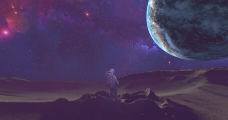 Wall Mural - sci-fi moon space planet environment, a spaceman standing on rocky surface of lunar desert, waiting 