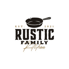 Vintage Retro Rustic Old Skillet Cast Iron For Traditional Food Dish Cuisine Classic Restaurant Kitchen Logo Design