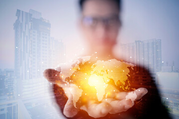 Wall Mural - businessman holding global network and data exchanges over the world 3d rendering