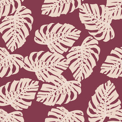  Botanic seamless random pattern with white monstera simple shapes and purple light background.