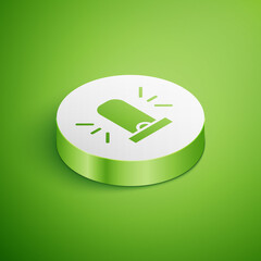 Poster - Isometric Flasher siren icon isolated on green background. Emergency flashing siren. White circle button. Vector.