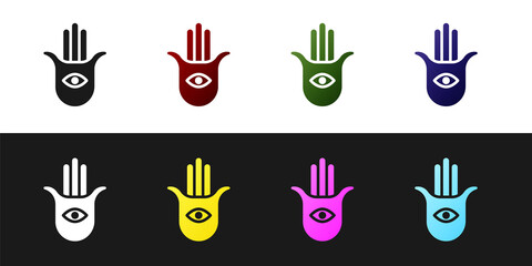 Sticker - Set Hamsa hand icon isolated on black and white background. Hand of Fatima - amulet, symbol of protection from devil eye. Vector.