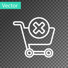  White line Remove shopping cart icon isolated on transparent background. Online buying concept. Delivery service. Supermarket basket and X mark. Vector Illustration.