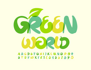 Vector creative banner Green World with Decorative Leaf. Artistic bright Font. Handwritten Alphabet Letters and Numbers set