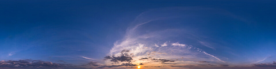 Wall Mural - Seamless evening  blue sky hdri panorama 360 degrees angle view with zenith and beautiful clouds for use in 3d graphics as sky dome or edit drone shot