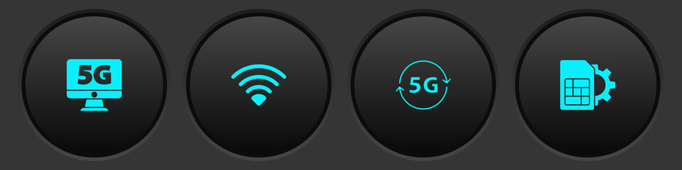 Sticker - Set Monitor with 5G network, Wi-Fi wireless, and Sim card setting icon. Vector.