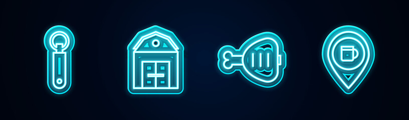 set line bottle opener, farm house, chicken leg and alcohol or beer bar location. glowing neon icon.