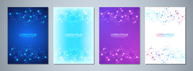 Wall Mural - Set of template brochures or cover design, book, flyer, with molecules background and neural network. Abstract geometric background of connected lines and dots. Science and technology concept.
