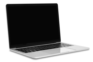 Wall Mural - front view of a modern generic silver metallic laptop with a blank black screen and isolated on a wh