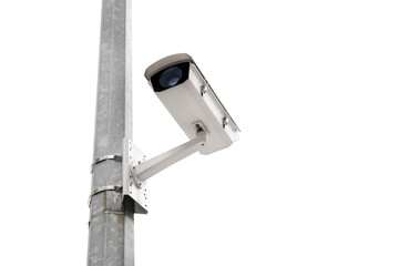 Modern public CCTV camera on pole isolated on white background. Intelligent recording cameras for monitoring all day and night. Concept of surveillance and monitoring with clipping path copy space.