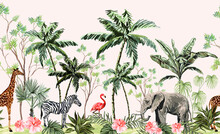 Hand Drawn Tropical Vintage Botanical Landscape, Illustration With Palm Trees, Banana Trees, Palm Leaves, Hibiscus Flowers, Giraffe, Zebra, Elephant. Floral Seamless Border Blue Background. 