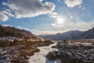 Wall Mural - Katun river in Altai on a sunny winter day. Russia