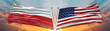 Double Flag United States of America vs Poland flag waving flag with texture sky clouds and sunset background