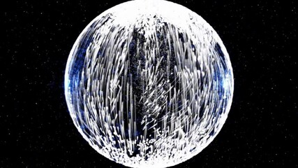 Wall Mural - Isolated black background. The rotating planet emits cosmic illumination in the moonbeams against the background of the starry sky. Close-up. Future technology animation. 3D rendering