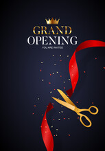 Grand Opening Card With Ribbon And Scissors Background. Vector Illustration