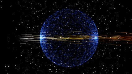 Wall Mural - Isolated black background. Close-up of a ray of the sun against the backdrop of a blue planet in the starry sky. Technologies of the future of animation. 3D rendering