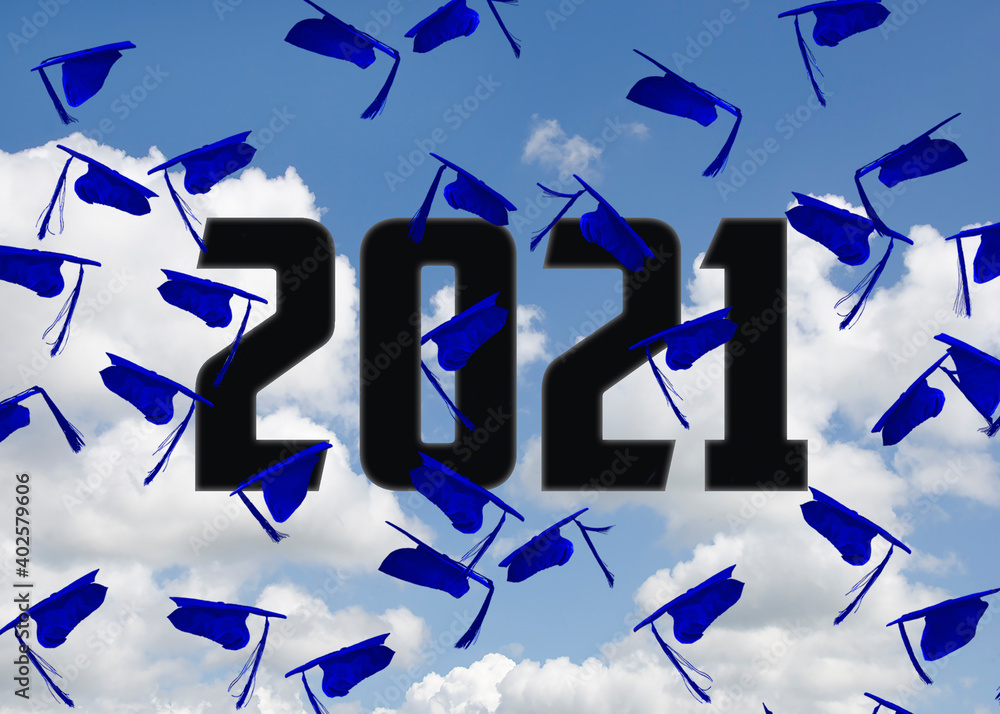 Airborne Graduation Cap Design airborne blue graduation caps with 2021 text in blue sky with clouds ...