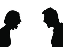 Silhouette Of A Married Couple. Arguing People. Yelling At Each Other. Showdown. Defending Your Point Of View. Misunderstanding, Swearing. Conflict.