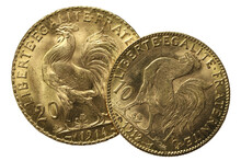 French 10 And 20 Francs Gold Coins (reverse With Rooster) Isolated On White Background