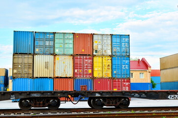 Cargo dock terminal with sea containers. logistic warehouse port of shipping container for the subsequent sorting, loading and sending them on freight railway cars or trucks to the client - Image