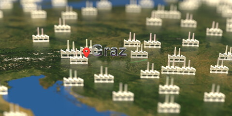 Wall Mural - Factory icons near Graz city on the map, industrial production related 3D rendering