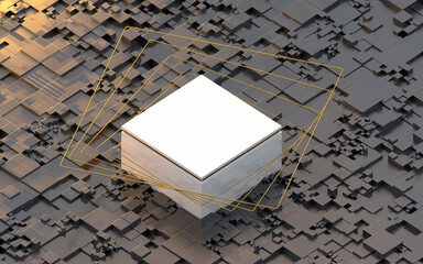 Sticker - Empty cube stage with block pattern background, 3d rendering.