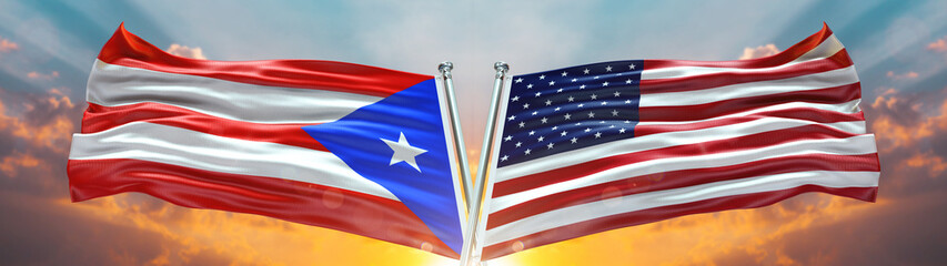 Wall Mural - Double Flag United States of America vs Puerto Rico flag waving flag with texture sky clouds and sunset background