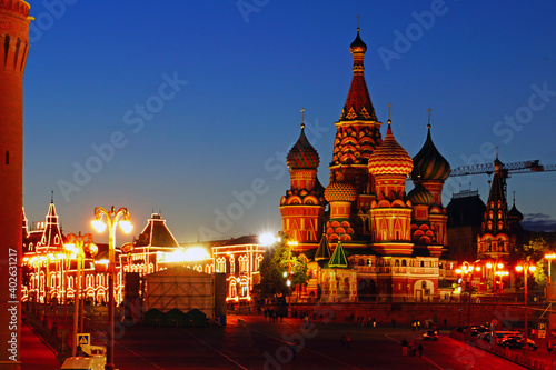 Blue hour sunset view of St. Basil Cathedral in Moscow Red Square. World famous Russian Moscow landmark. Tourism and travel concept. © ottmaan