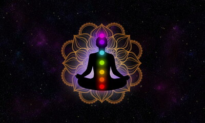 Wall Mural - Abstract meditation man with seven chakras in the universe
