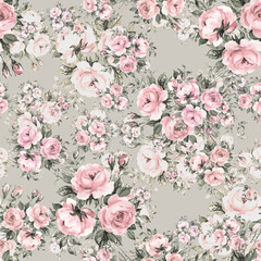  Abstract floral seamless print beautiful bouquets of roses drawn by paints with buds and foliage