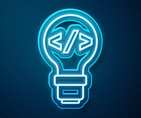 Glowing neon line Web design and front end development icon isolated on blue background. Vector.