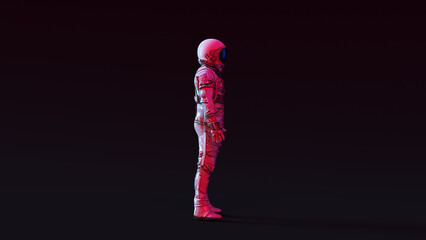 Wall Mural - astronaut with black visor and simple retro silver spacesuit with pink and white moody 80s lighting 
